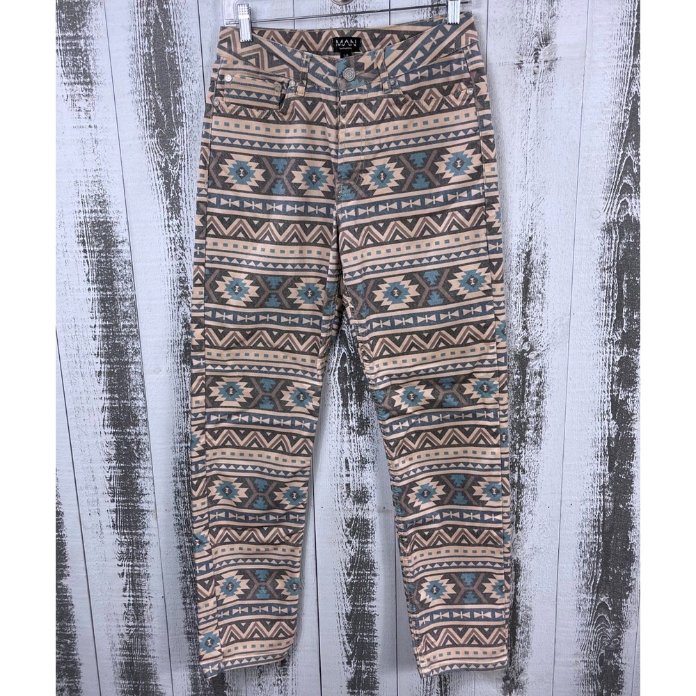 boohooMAN Jeans Men's 30 Aztec‎ Southwestern All Over Print Button Fly